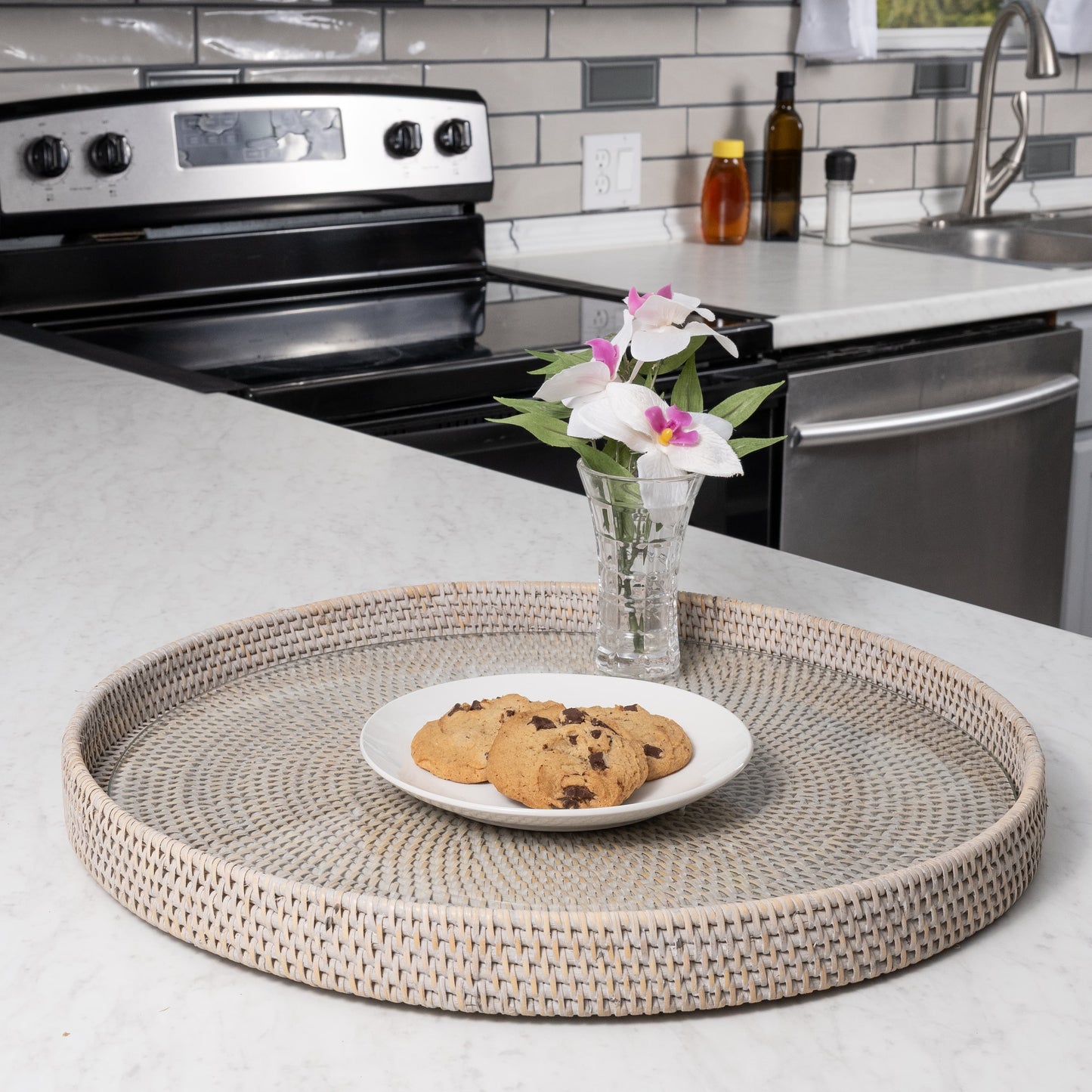 Rattan Round Ottoman Serving Tray