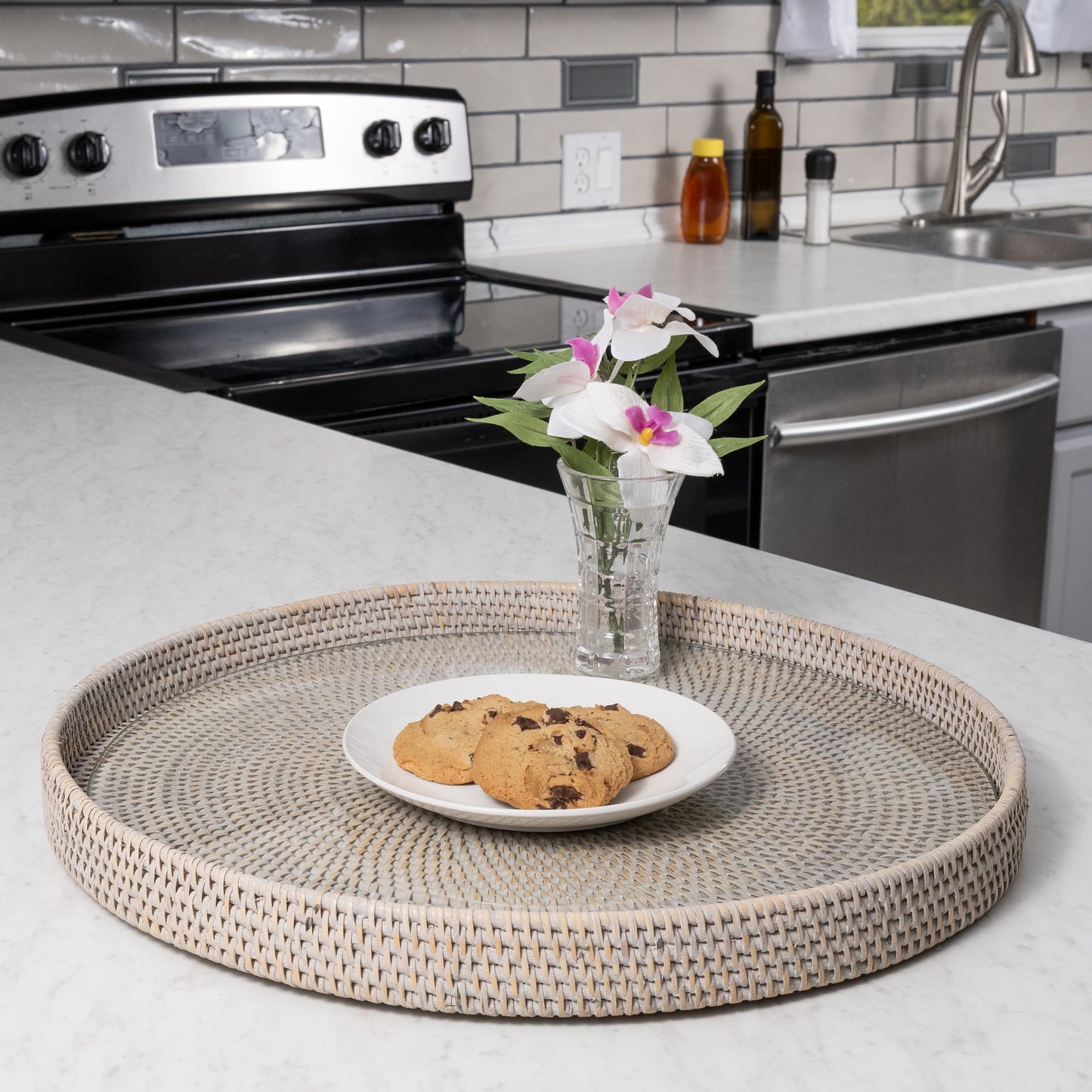 Rattan Round Serving & Ottoman Tray with Glass Insert