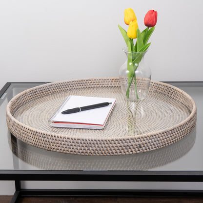 Rattan Round Serving & Ottoman Tray with Glass Insert