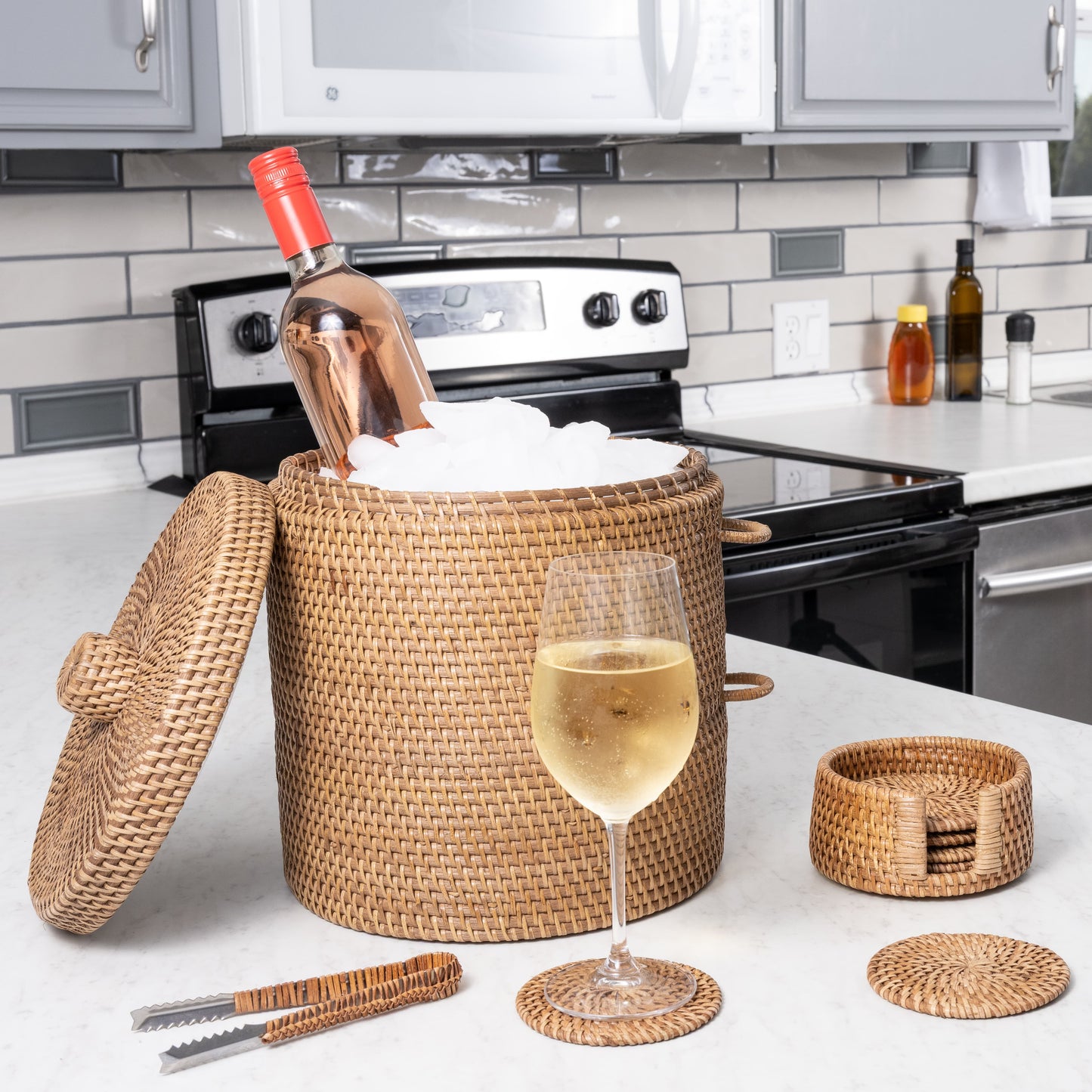 Rattan Ice Bucket with Tongs