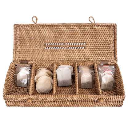Rattan Tea Storage Box with Lid – 5 Sections