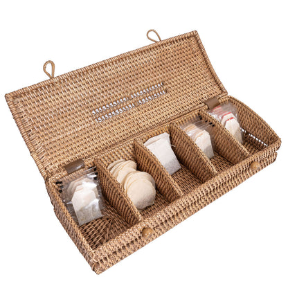 Rattan Tea Storage Box with Lid – 5 Sections