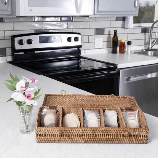 Rattan Tea Storage Box with Lid – 5 Sections