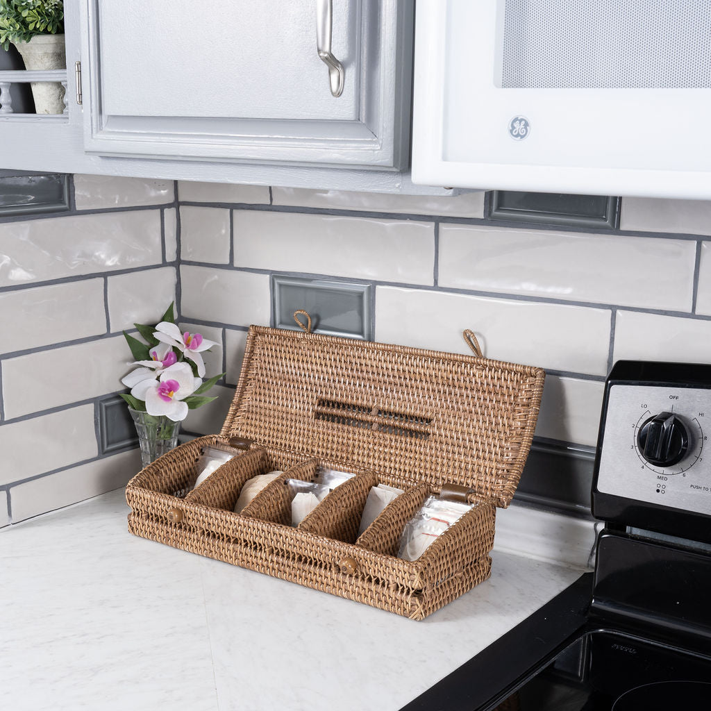 Rattan Tea Storage Box with Lid – 5 Sections