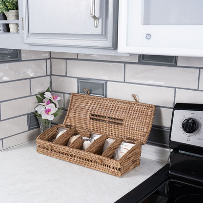 Rattan Tea Storage Box with Lid – 5 Sections