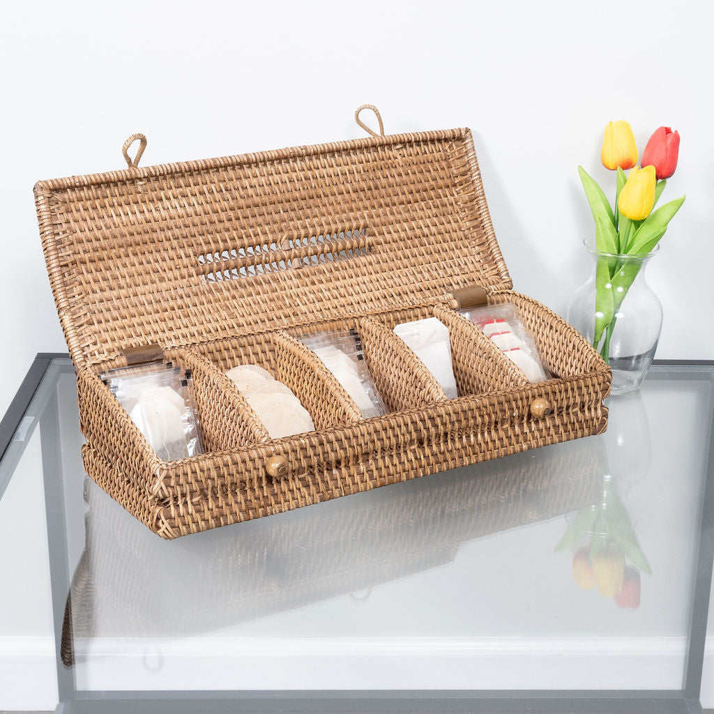 Rattan Tea Storage Box with Lid – 5 Sections
