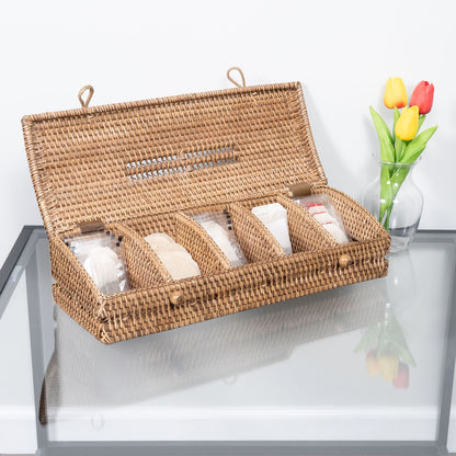 Rattan Tea Storage Box with Lid – 5 Sections