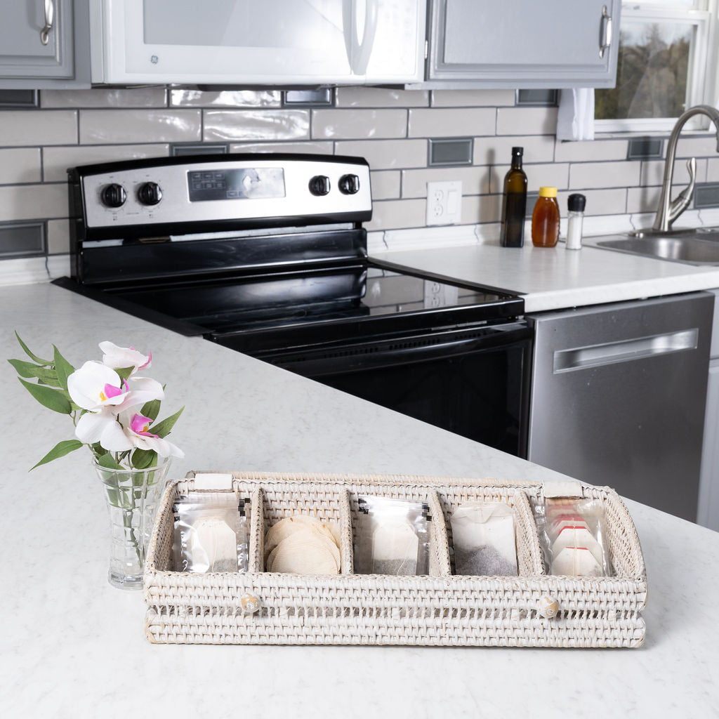 Rattan Tea Storage Box with Lid – 5 Sections