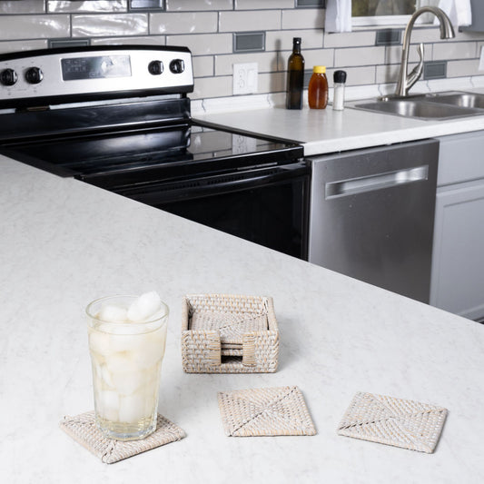 Square Rattan Coaster Set with Storage Box – 7-Piece