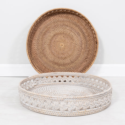 Braided Design Rattan Round Tray with Cutout Handles