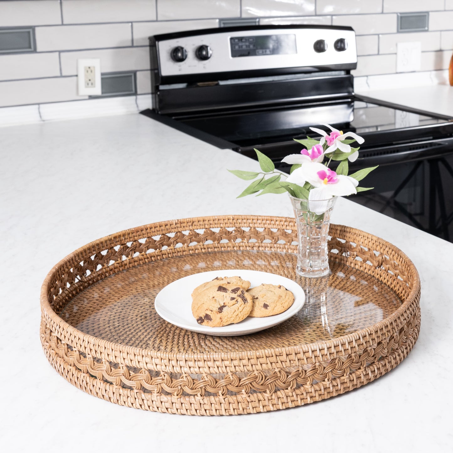 Braided Design Rattan Round Tray with Glass Insert