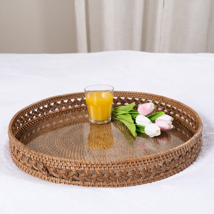 Braided Design Rattan Round Tray with Glass Insert