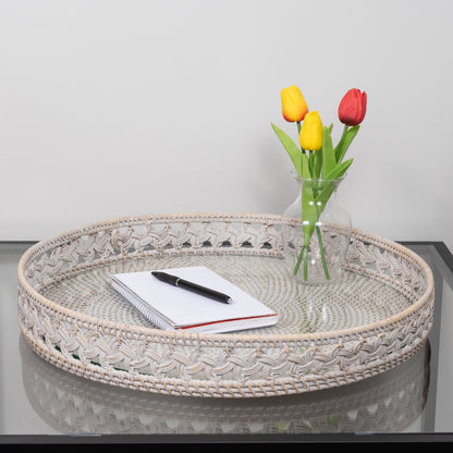 Braided Design Rattan Round Tray with Glass Insert