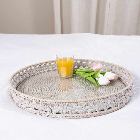 Braided Design Rattan Round Tray with Glass Insert
