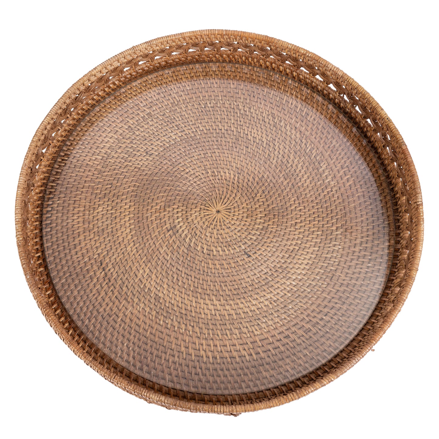 Braided Design Rattan Round Tray with Glass Insert