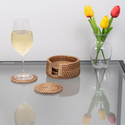 Round Rattan Coaster Set – 7 Pieces