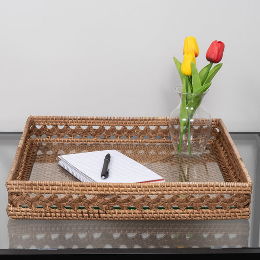 Braided Design Rattan Square Tray with Glass Insert