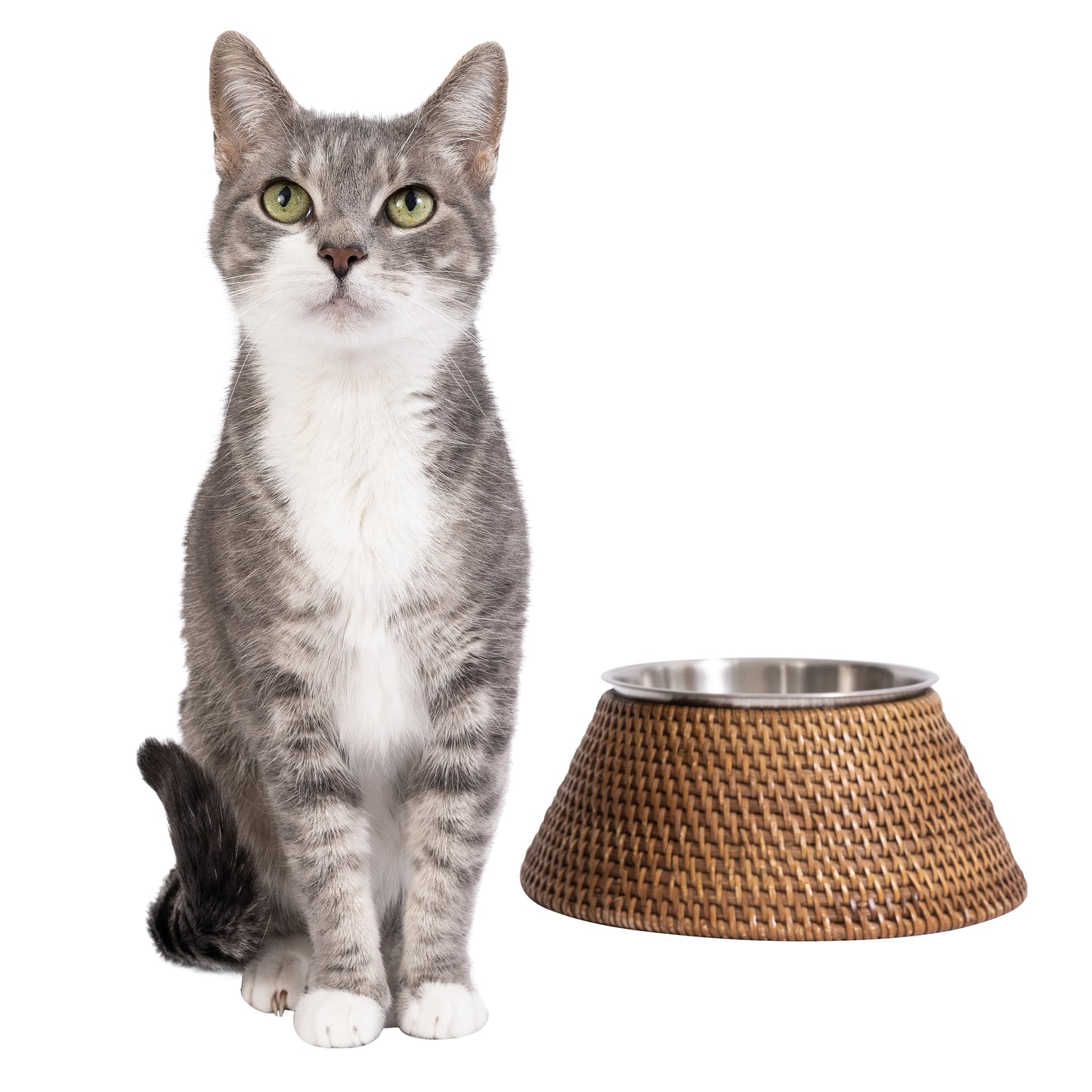 Rattan Pet Bowl with Removable Stainless-Steel Bowl