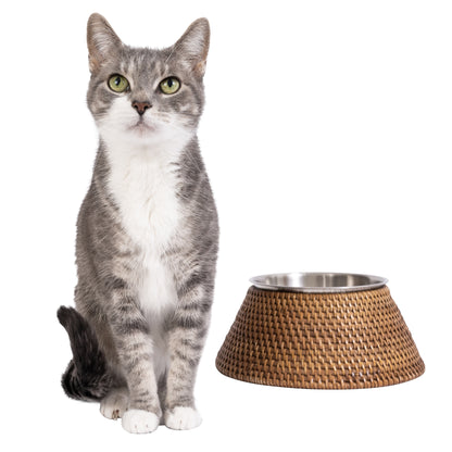 Rattan Pet Bowl with Removable Stainless-Steel Bowl