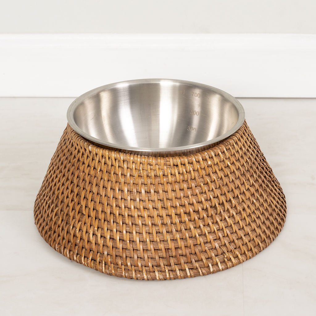 Rattan Pet Bowl with Removable Stainless-Steel Bowl