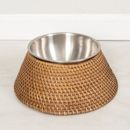Rattan Pet Bowl with Removable Stainless-Steel Bowl