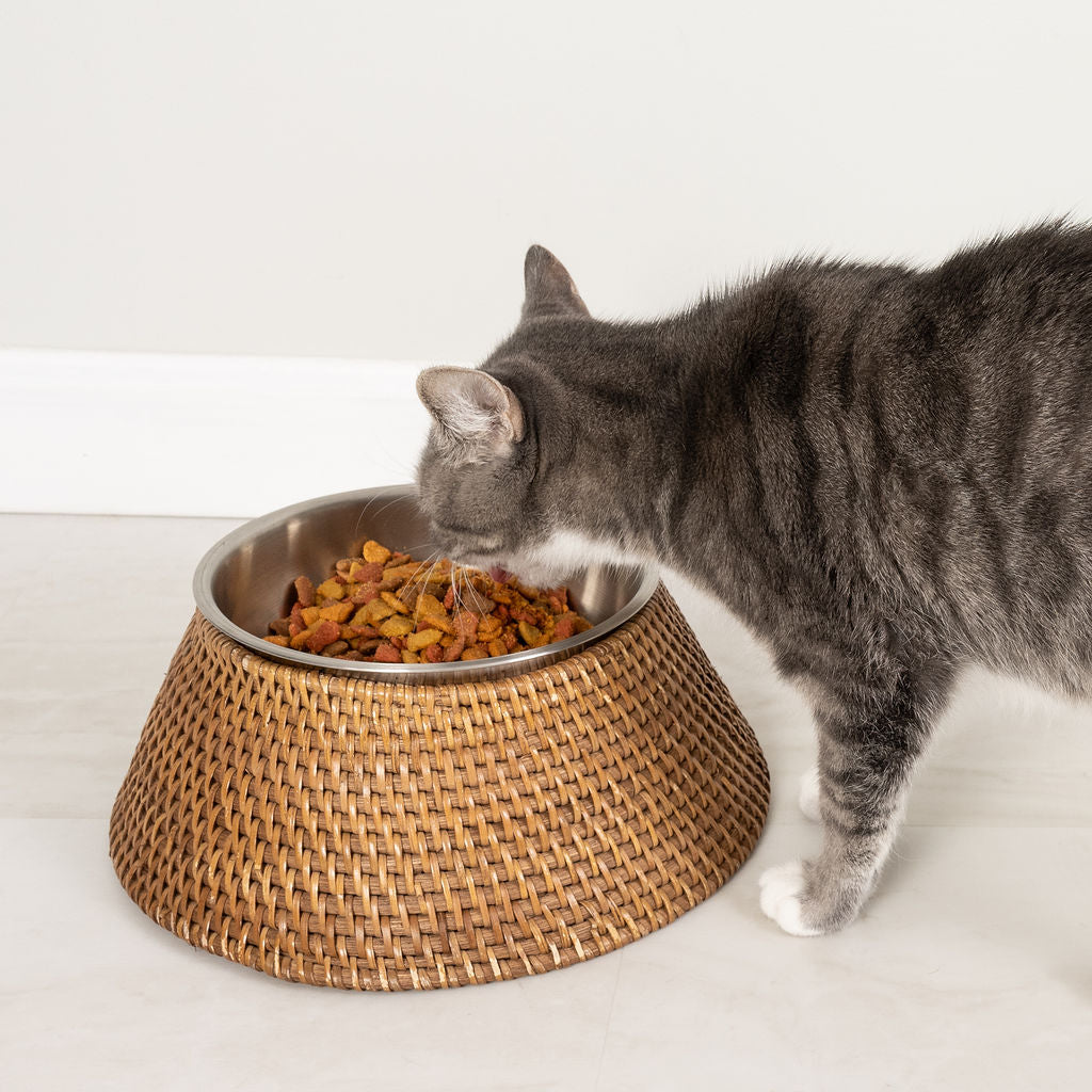 Rattan Pet Bowl with Removable Stainless-Steel Bowl