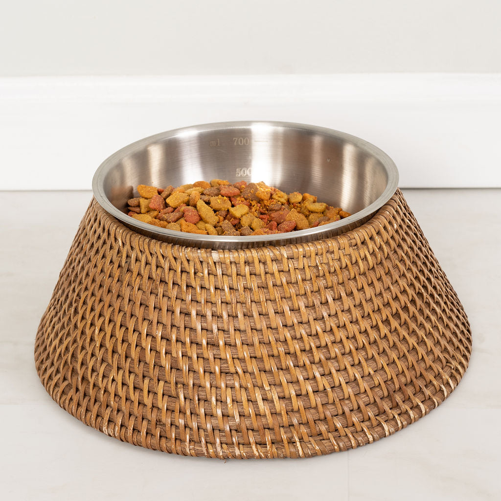Rattan Pet Bowl with Removable Stainless-Steel Bowl