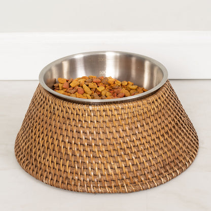 Rattan Pet Bowl with Removable Stainless-Steel Bowl