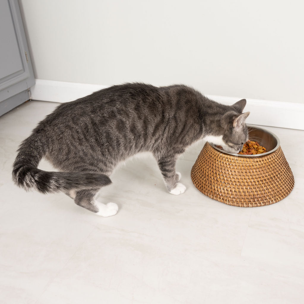 Rattan Pet Bowl with Removable Stainless-Steel Bowl