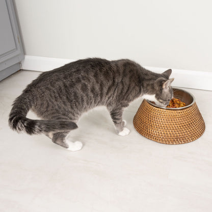 Rattan Pet Bowl with Removable Stainless-Steel Bowl