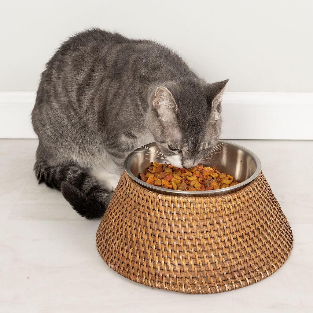Rattan Pet Bowl with Removable Stainless-Steel Bowl