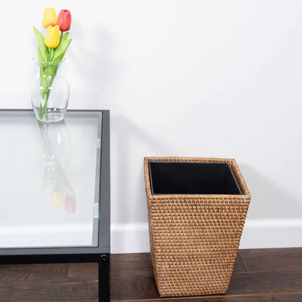 Square Tapered Rattan Waste Basket with Metal Liner