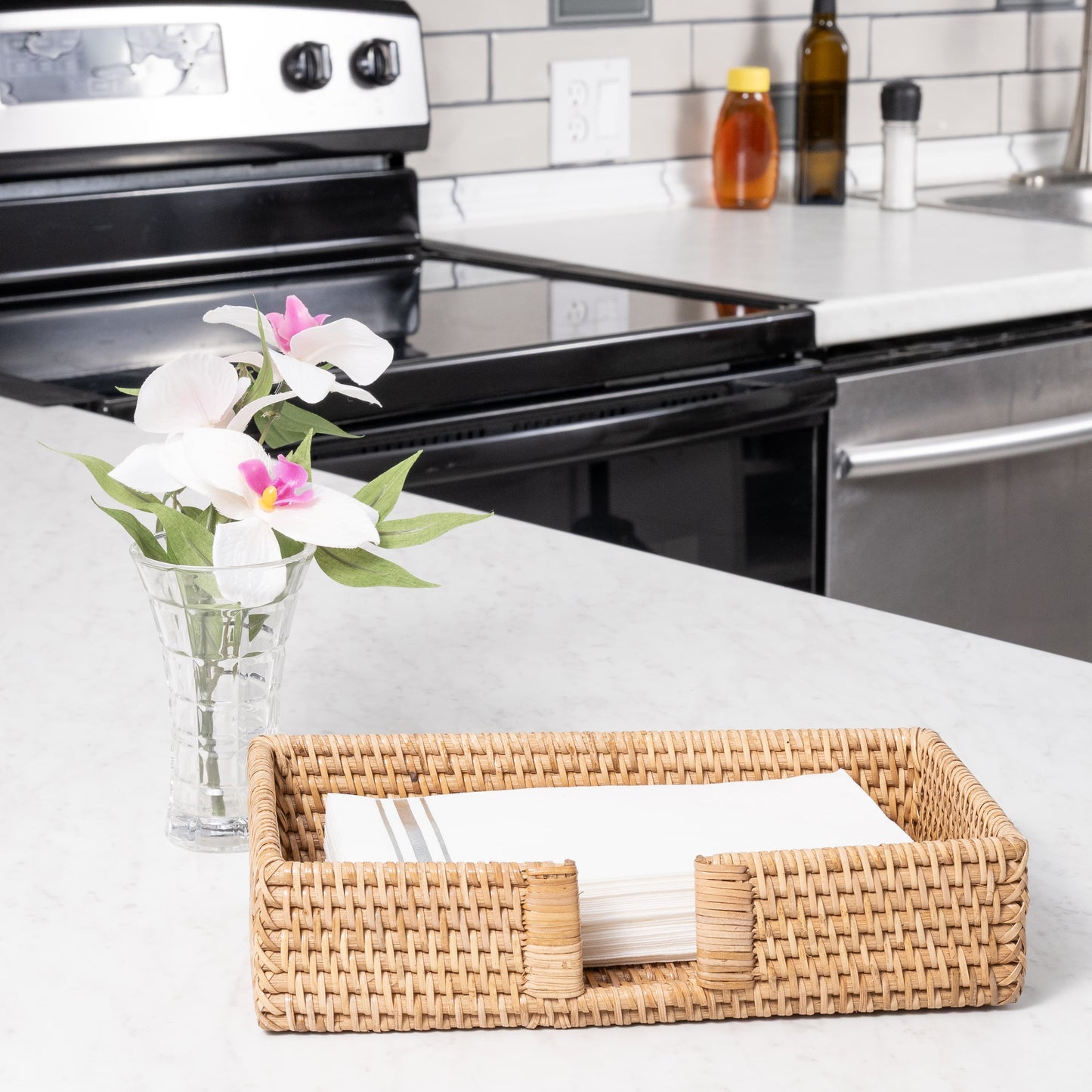 Rattan Guest Towel Holder with Cutout – Napkin Tray